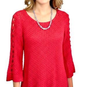 Chicos 1 Sweater Open Knit Crochet Coral Rayon US Size Medium Coastal Boho Chic